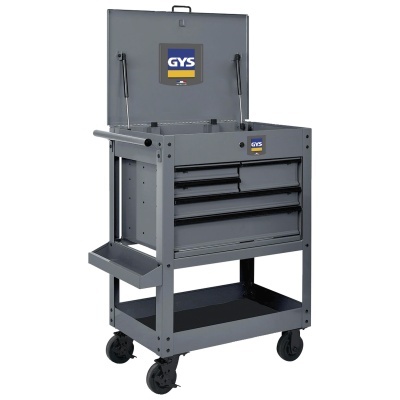 Carrinho de ferramentas metálico cinzento com rodas e gavetas