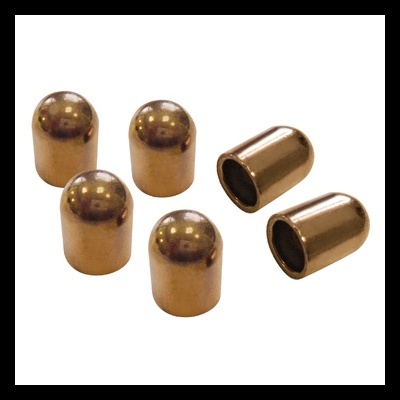 Cinco cápsulas metálicas de cor cobre sobre fundo branco