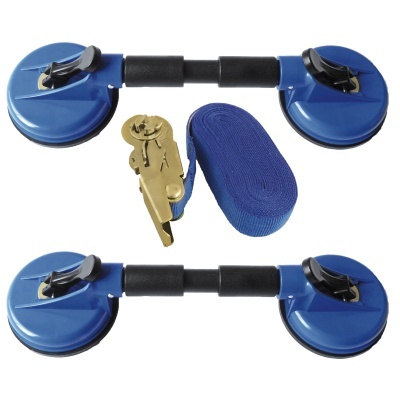 Conjunto de ventosas azuis com fita azul e ferramenta dourada