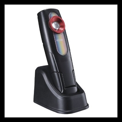 Aparelho eletrônico preto com botão vermelho na base de carregamento preta