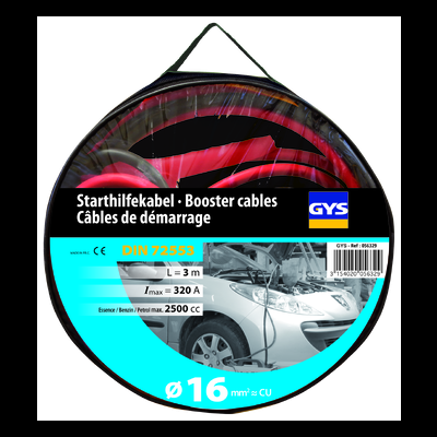 Cabos de arranque vermelhos e pretos em embalagem redonda com etiqueta azul e preta