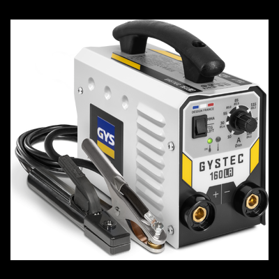 Máquina de soldar GYSTEC 160LA branca com pega preta e cabos pretos