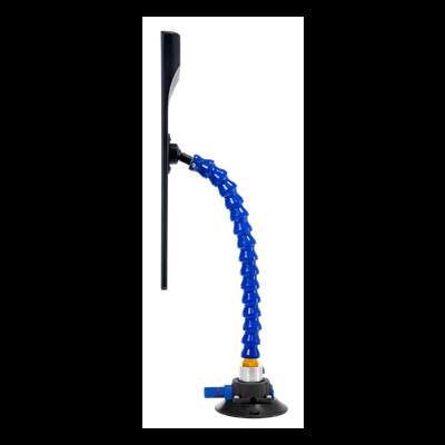 Suporte de monitor com braço flexível azul e base de ventosa preta