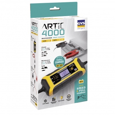 Carregador de baterias Artic 4000 em embalagem com cores branco, amarelo e azul