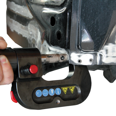 Ferramenta de fixação preta com botão vermelho em chapa metálica