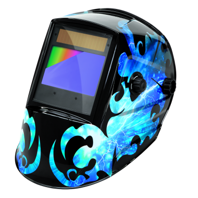 Máscara de soldadura preta com padrões azul elétrico e visor retangular