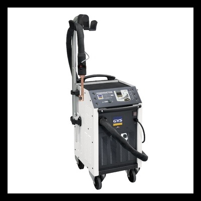 Máquina industrial de soldadura GYS branca e preta com painel e rodas