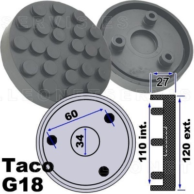 Peças circulares pretas com pinos e furos, com medidas e texto Taco G18