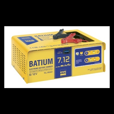 Carregador de baterias eletrónico amarelo e azul com terminais vermelho e preto.