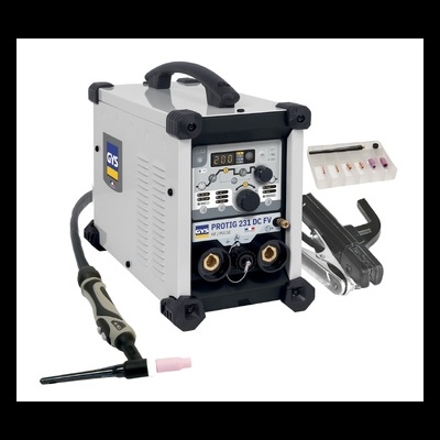 Máquina de soldar branca com painel frontal digital, suporte, eletrodos e acessórios