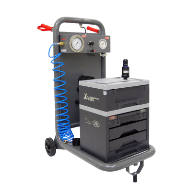 Equipamento industrial móvel com manómetros, tubo azul e caixa preta e cinzenta com etiquetas XPRESS