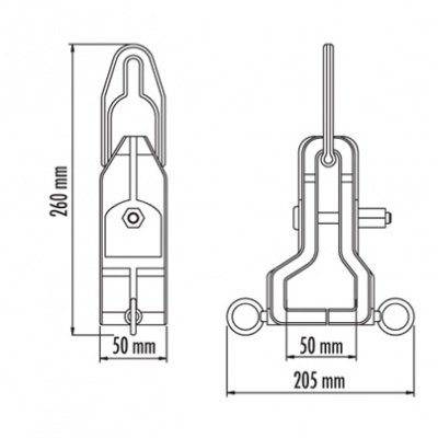 Desenho técnico a preto e branco de um dispositivo metálico com medidas de 260 mm, 50 mm e 205 mm
