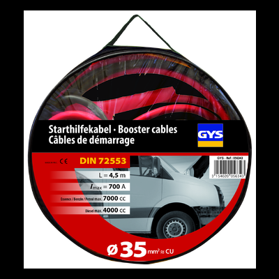 Rolos de cabos de arranque vermelhos e pretos em embalagem redonda com informações técnicas.