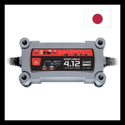 Carregador inteligente GYSFLASH 4.12 com painel vermelho e corpo cinzento.
