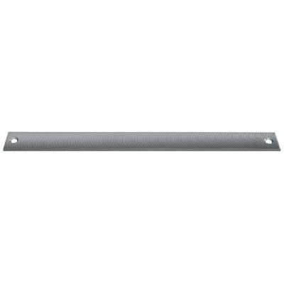 Barra metálica retangular cinza com orifícios nas extremidades