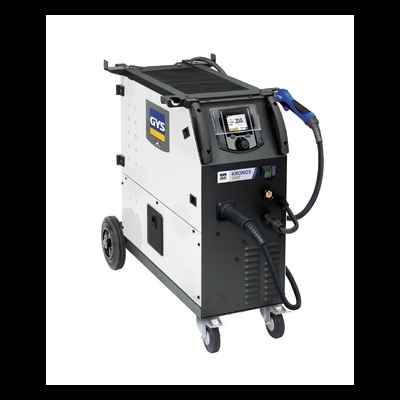 Máquina de soldar GYS Kronos cinzenta e preta com ecrã digital e pistola azul