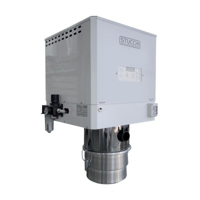 Dispositivo industrial branco e metálico com marca STUCCHI e válvulas laterais