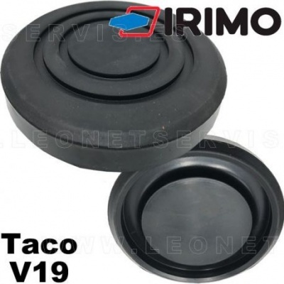 Dois tacos de borracha pretos redondos com o texto IRIMO e Taco V19