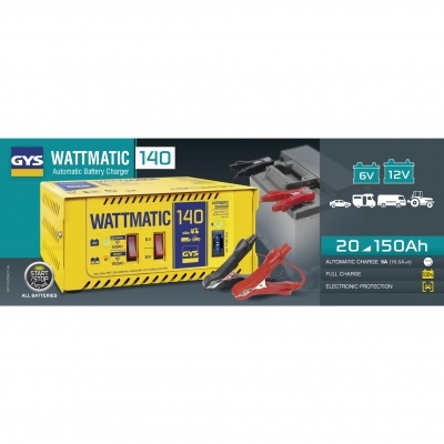 Carregador automático de baterias GYS WATTMATIC 140 com cabos em fundo cinza