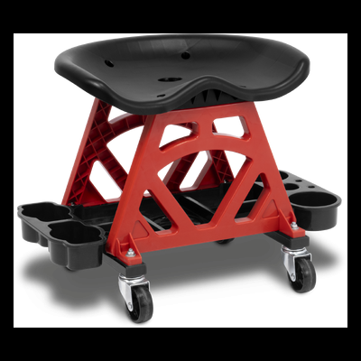 Banco de oficina móvel com assento preto e base vermelha com rodas