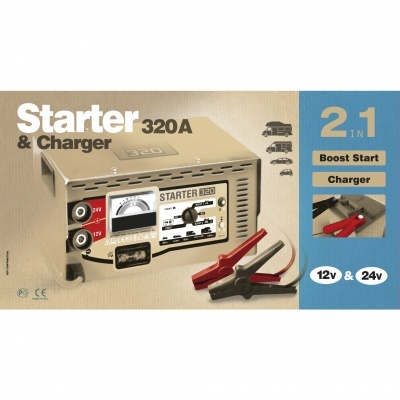 Inversor e carregador STARTER 320A com cabos vermelho e preto em fundo azul e bege