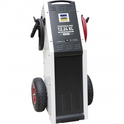 carregador de baterias GYS STARTPACK PRO 12.24 XL cinza preto vermelho com rodas