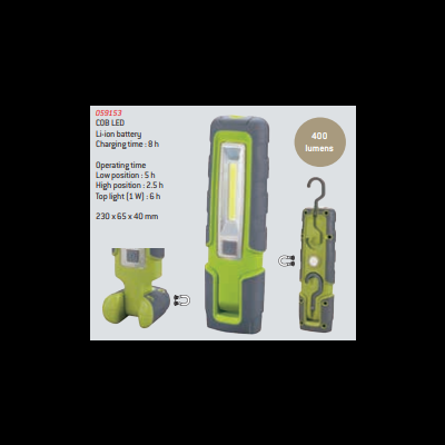Lanterna LED COB verde e cinza com gancho metálico e botão amarelo