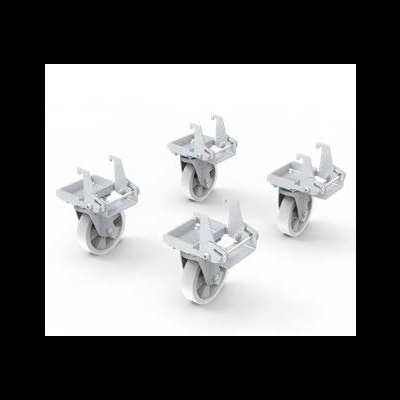 Conjunto de quatro rodas giratórias cinzentas com suportes metálicos