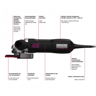 Esmeril angular preto com disco de corte vermelho e etiquetas técnicas em alemão