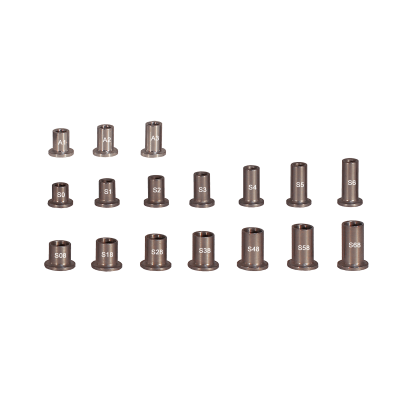 Conjunto de bocais metálicos cilíndricos numerados de A1 a A3 e S0 a S68