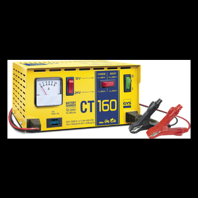 Carregador de baterias CT 160 amarelo com medidor analógico e garras isolantes