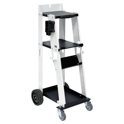 Carrinho de ferramentas metálico branco com prateleiras negras e rodas