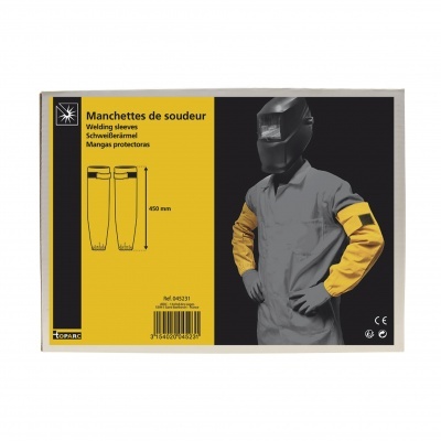 Embalagem de manguitos de proteção para soldadura amarelos com ilustração de utilizador com máscara de soldador.