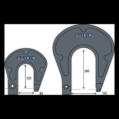 Dois dispositivos em forma de U cinza escuro com medidas internas e ícones na parte superior