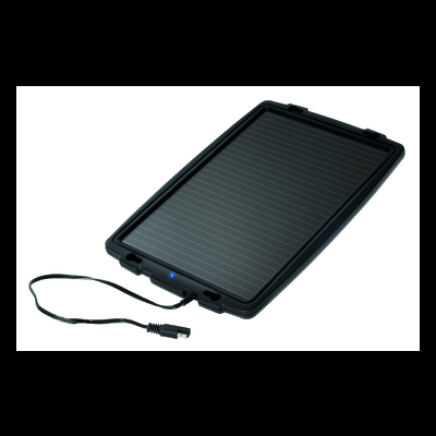 Painel solar portátil preto com cabo e indicador de luz azul