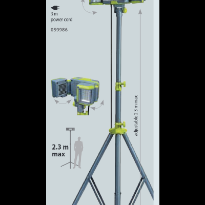 Lâmpada de tripé LED preto e amarelo com três painéis de LEDs e altura ajustável