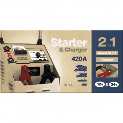Starter & Charger 420A para veículos 12V e 24V, com grampos vermelho e preto