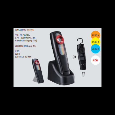 Duas lanternas SUNCOLOR 3 pretas com botão vermelho, uma na base de carregamento, com especificações técnicas visíveis