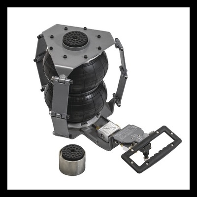 Conjunto de suspensão pneumática com bolsa de ar preta e estrutura metálica cinzenta