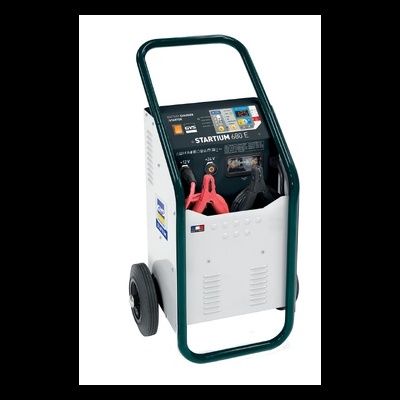 Carregador de baterias STARTIUM 680E com estrutura metálica branca e suporte tubular verde escuro