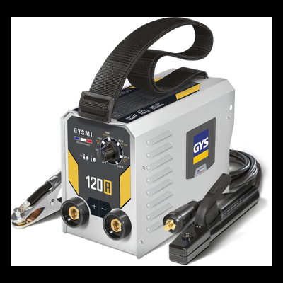 Maquina de soldar portátil GYS GYSMI 120 A branca com preto e amarelo, alça preta e cabos