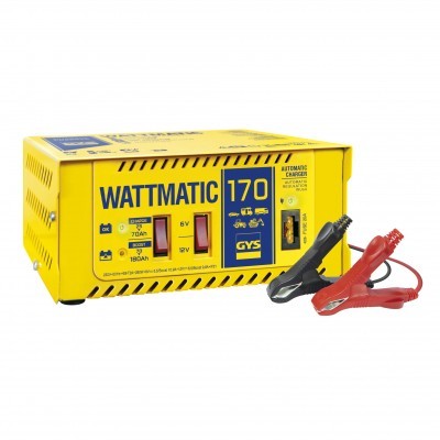 Carregador automático amarelo para baterias WATTMATIC 170 com cabos preto e vermelho