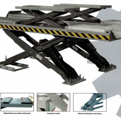 Plataforma elevatória hidráulica metálica preta com detalhes amarelo e preto para elevação de veículos
