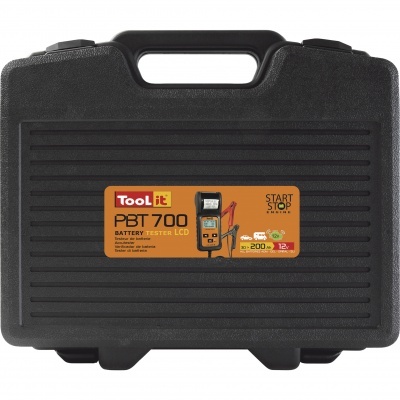 Estojo preto com etiqueta laranja para teste de bateria Tool it PBT 700