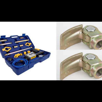 Conjunto de ferramentas num estojo azul e duas peças metálicas douradas com parafuso hexagonal