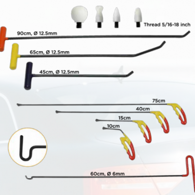Ferramentas com cabos de diversas cores e dimensões e acessórios brancos com texto visível, sobre fundo branco com carro ao fundo.