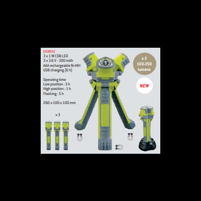 Lanterna LED multifunções amarela com três luzes, recarregável via USB, com texto de especificações técnicas