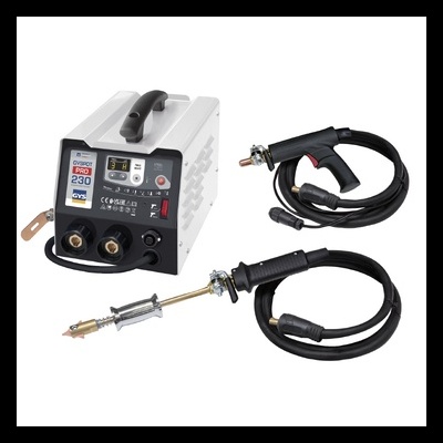 Máquina de soldadura elétrica branca com preto e cabos com pistolas