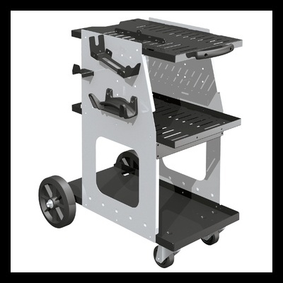 Carrinho organizador cinzento com prateleiras pretas e rodas