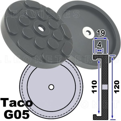 Prato de suporte de borracha preta Taco G05 com furo central e medidas em azul e preto.